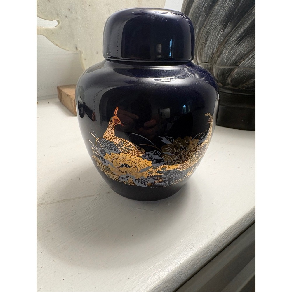Price Products Cobalt Blue Porcelain Ginger Jar Peacock Floral Gold Accents Lid
